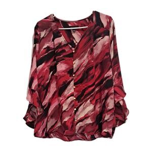 Investments Womens XL Blouse Top Red Black Marbled V Neck Button Bell Sleeve